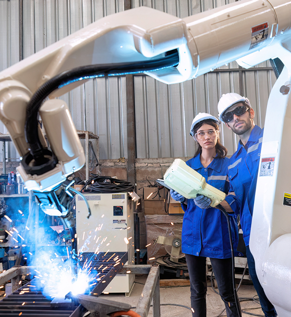 Two people wearing hard hats and blue coats controlling a robotic arm