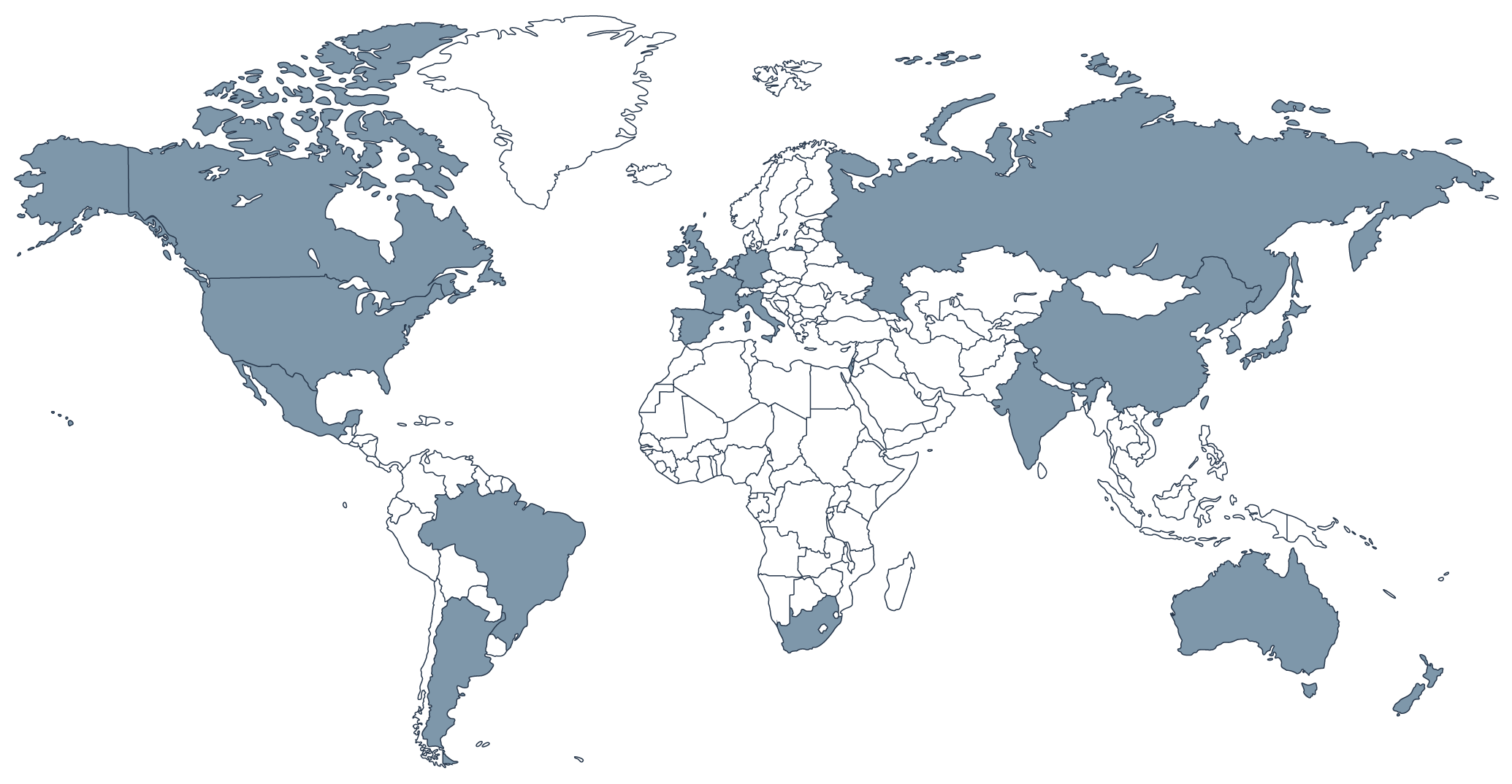 A world map with outlines of all the countries with countries highlighted in blue where Onello & Mello has served clients